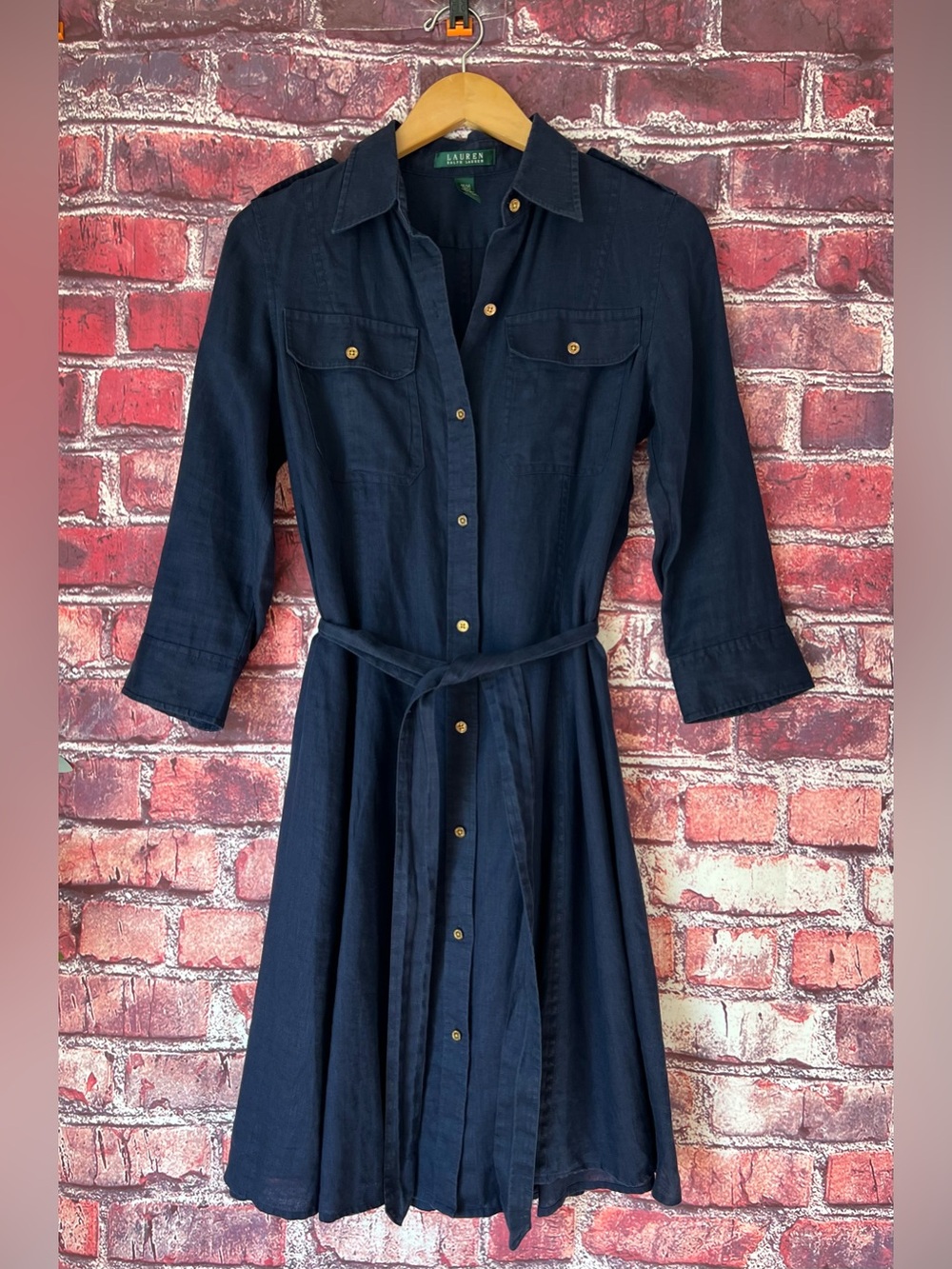 Lauren Ralph Lauren 100% Linen Navy Blue Utility Shirt Dress Size Medium